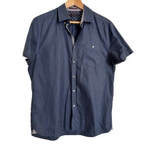 Ted Baker Button Up Size Medium Navy Shirt Short Sleeve EUC Cotton